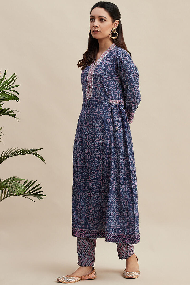 Purple Block Printed A-line Cotton Kurta