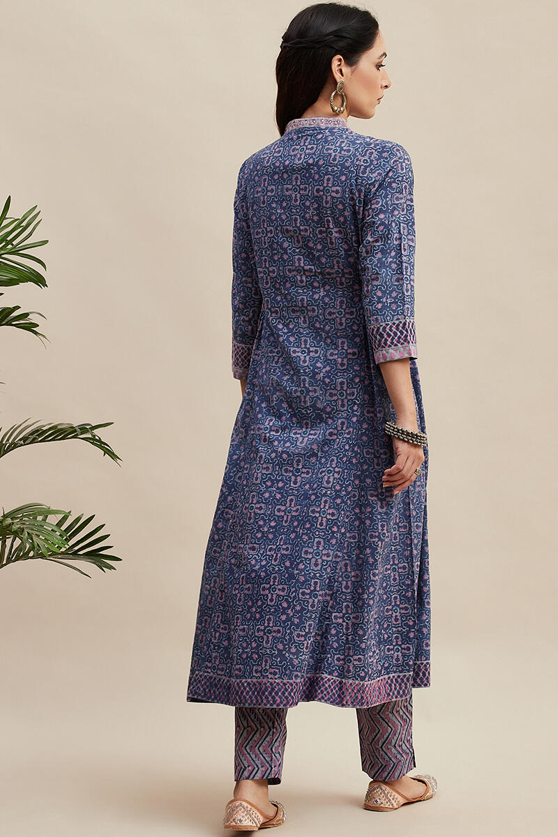 Purple Block Printed A-line Cotton Kurta