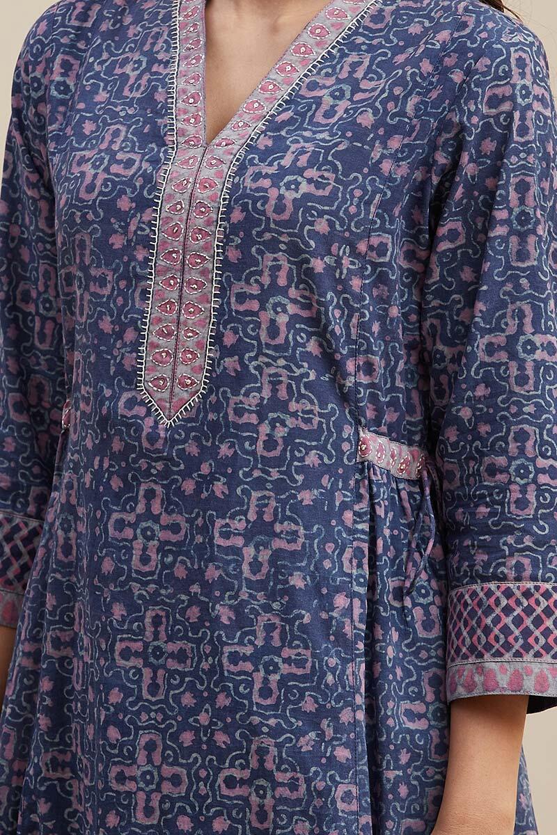 Purple Block Printed A-line Cotton Kurta