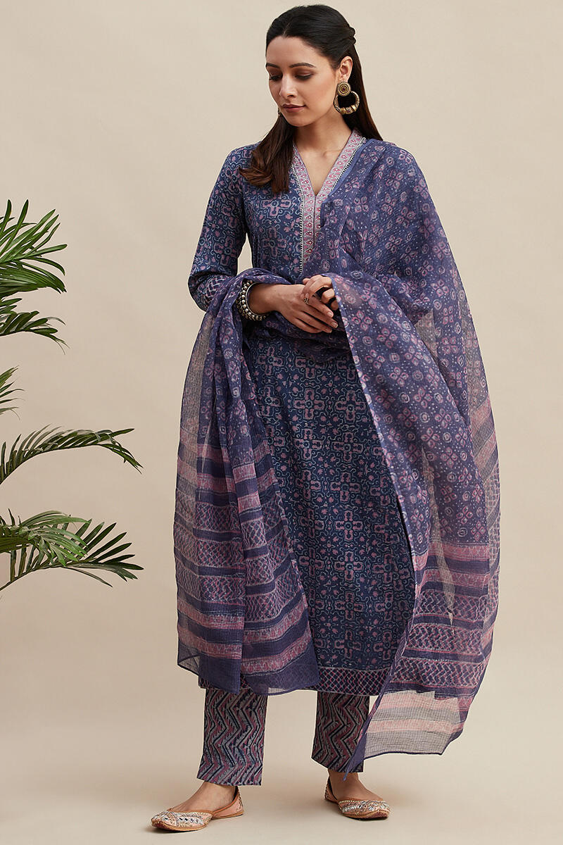 Purple Block Printed A-line Cotton Kurta