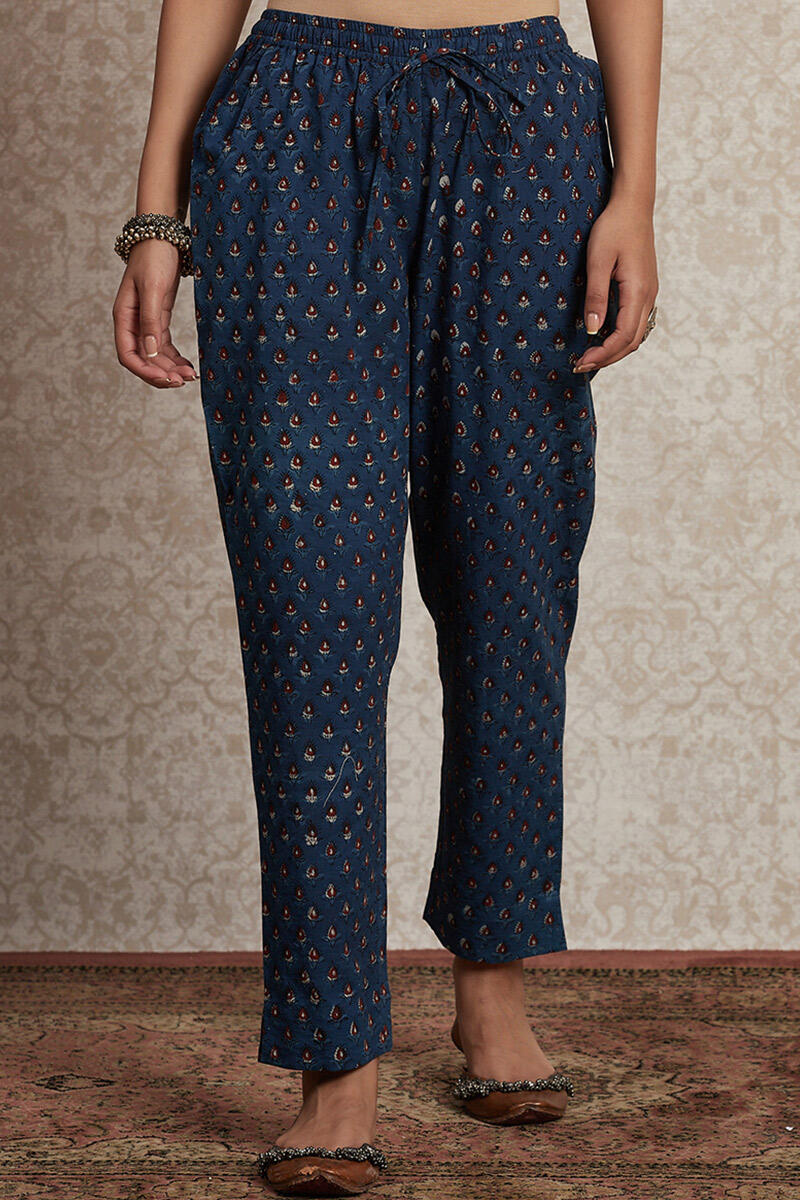 Indigo Block Printed Cotton Narrow Pants