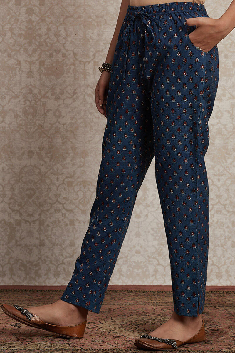 Indigo Block Printed Cotton Narrow Pants