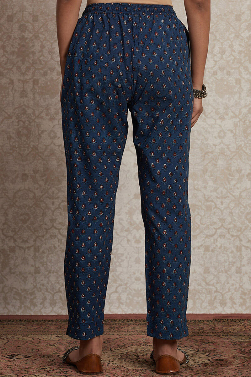 Indigo Block Printed Cotton Narrow Pants