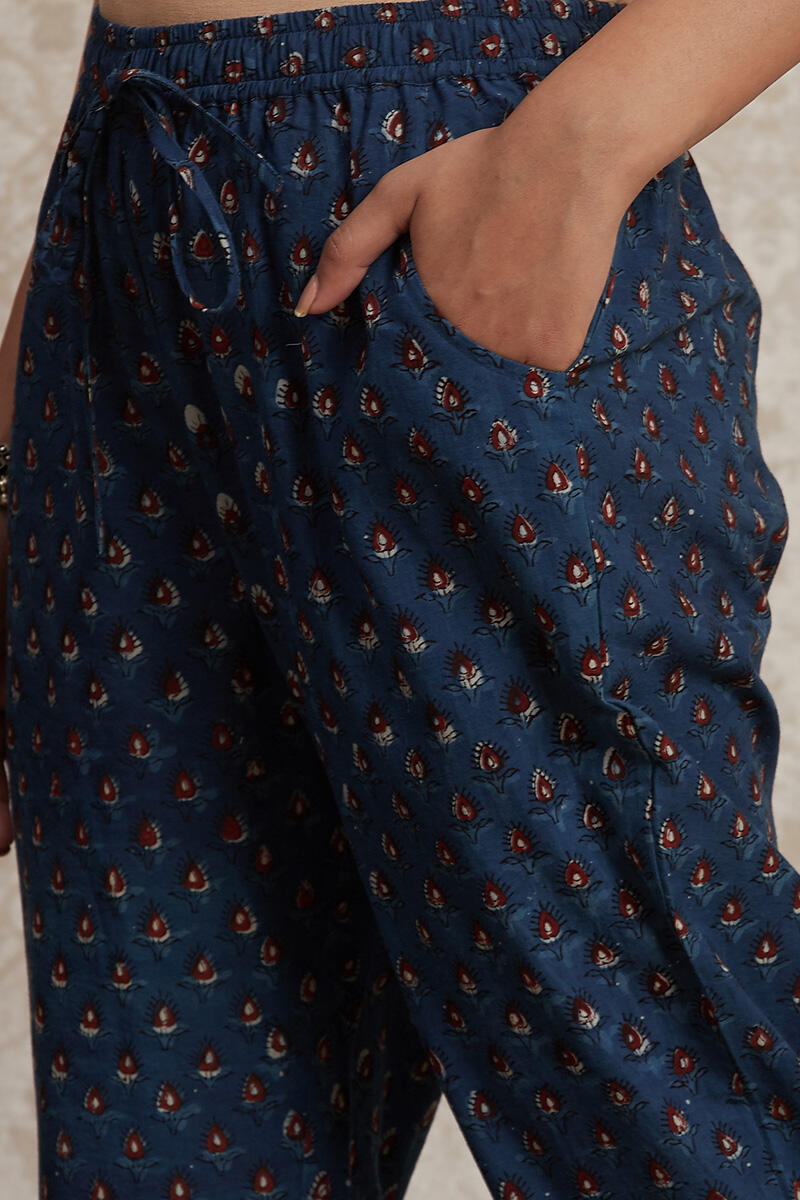 Indigo Block Printed Cotton Narrow Pants