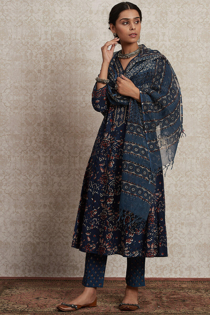 Indigo Block Printed Cotton Narrow Pants