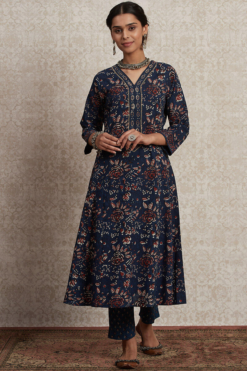 Indigo Block Printed A-Line Cotton Kurta