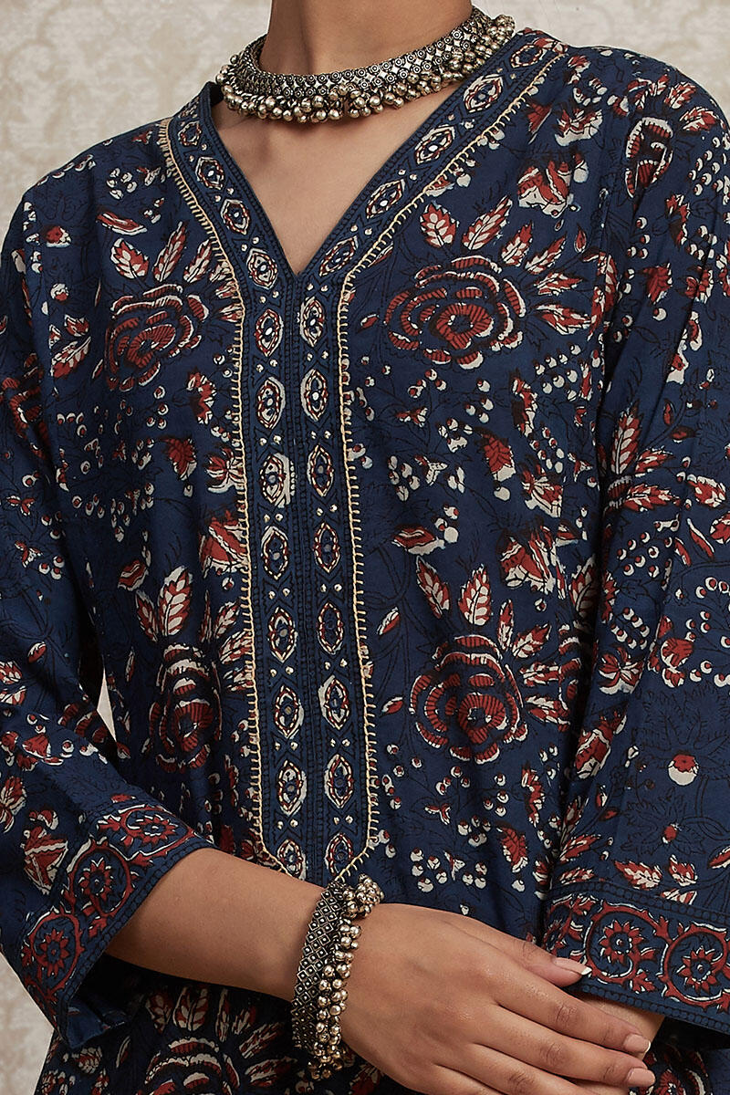 Indigo Block Printed A-Line Cotton Kurta