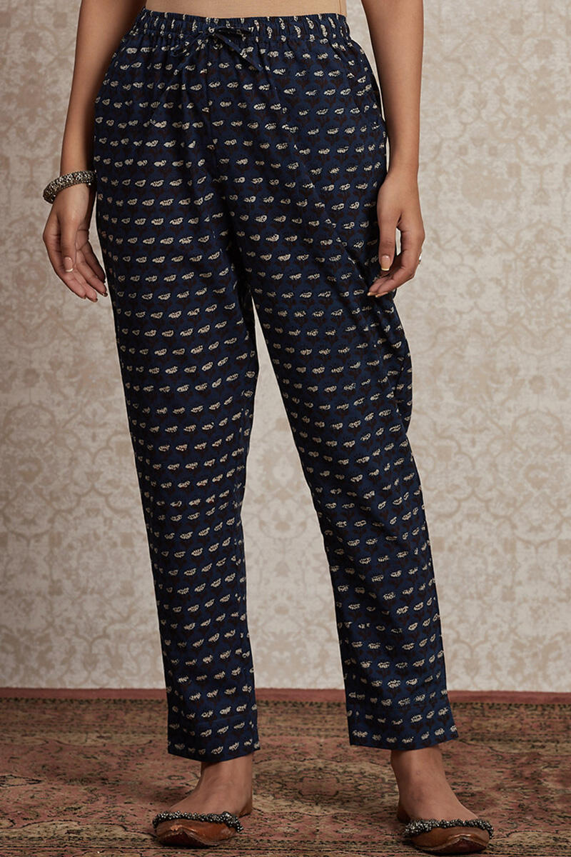 Indigo Block Printed Cotton Cigarette Pants