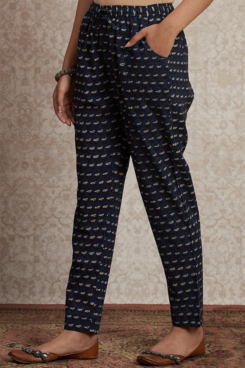 Indigo Block Printed Cotton Cigarette Pants