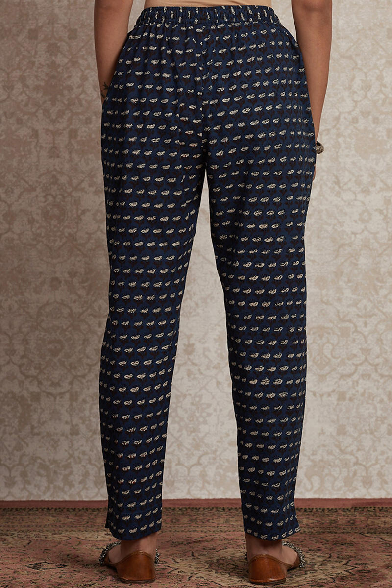 Indigo Block Printed Cotton Cigarette Pants