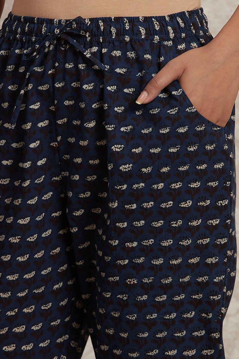 Indigo Block Printed Cotton Cigarette Pants