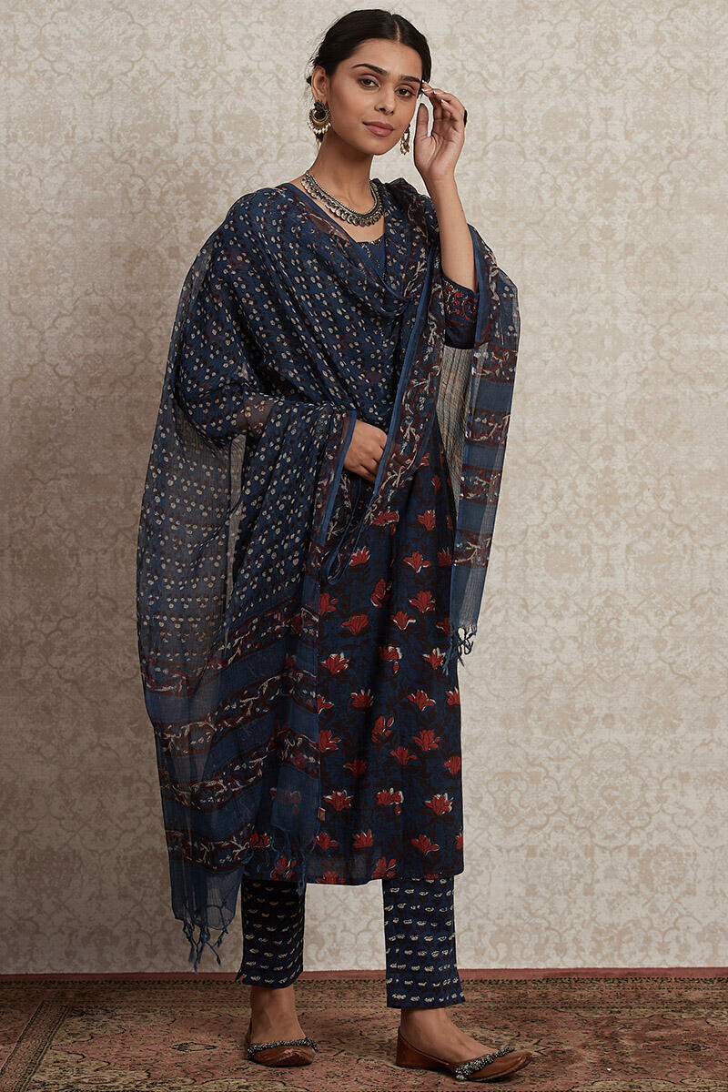 Indigo Block Printed Cotton Cigarette Pants