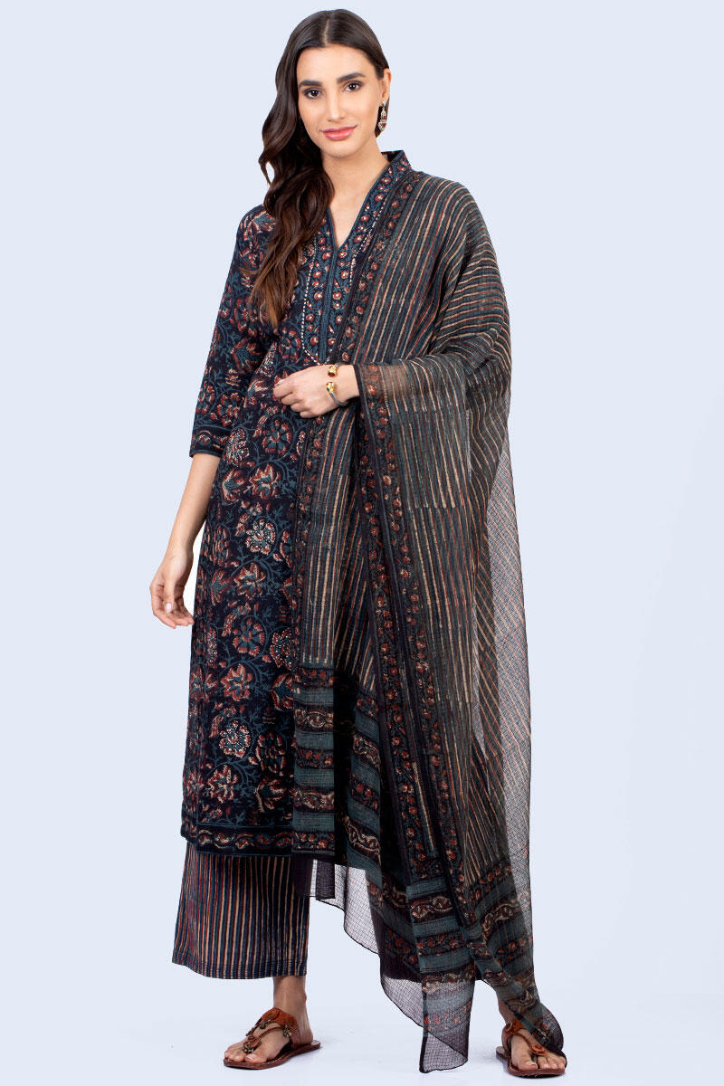 Indigo Block Printed Cotton Silk Blend Dupatta