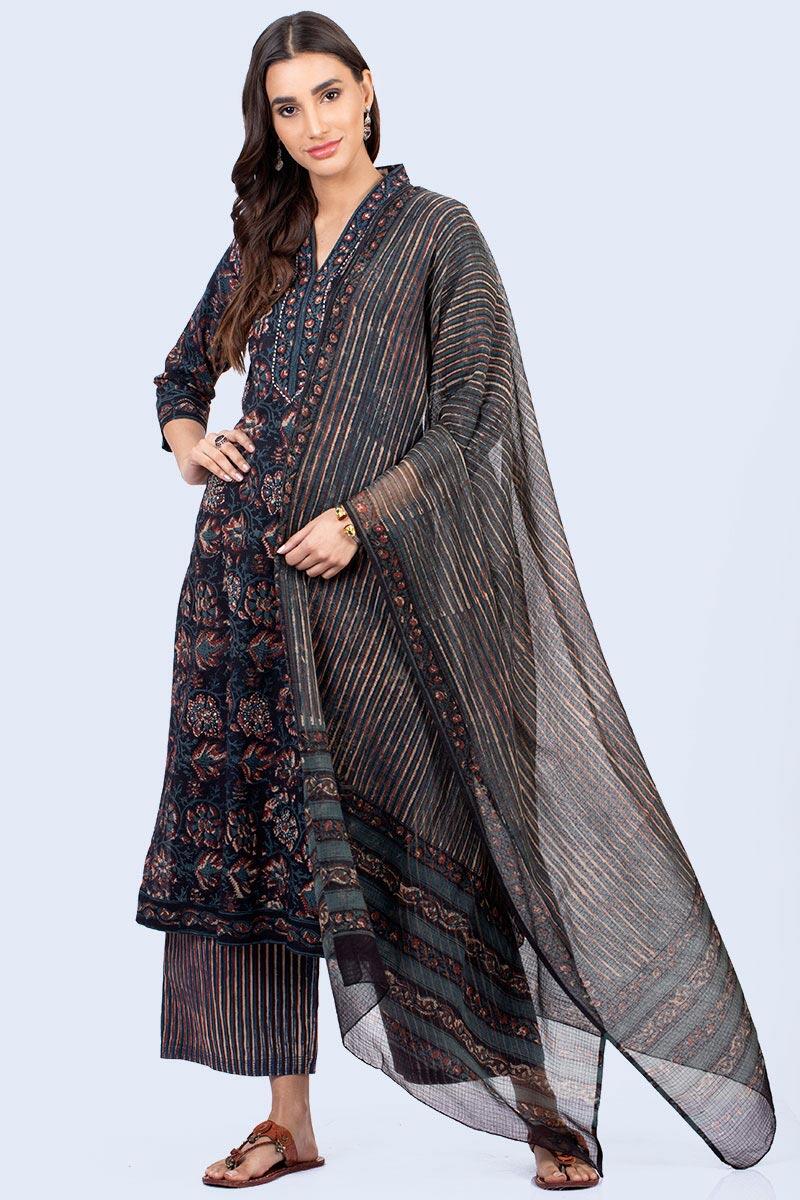 Indigo Block Printed Cotton Silk Blend Dupatta