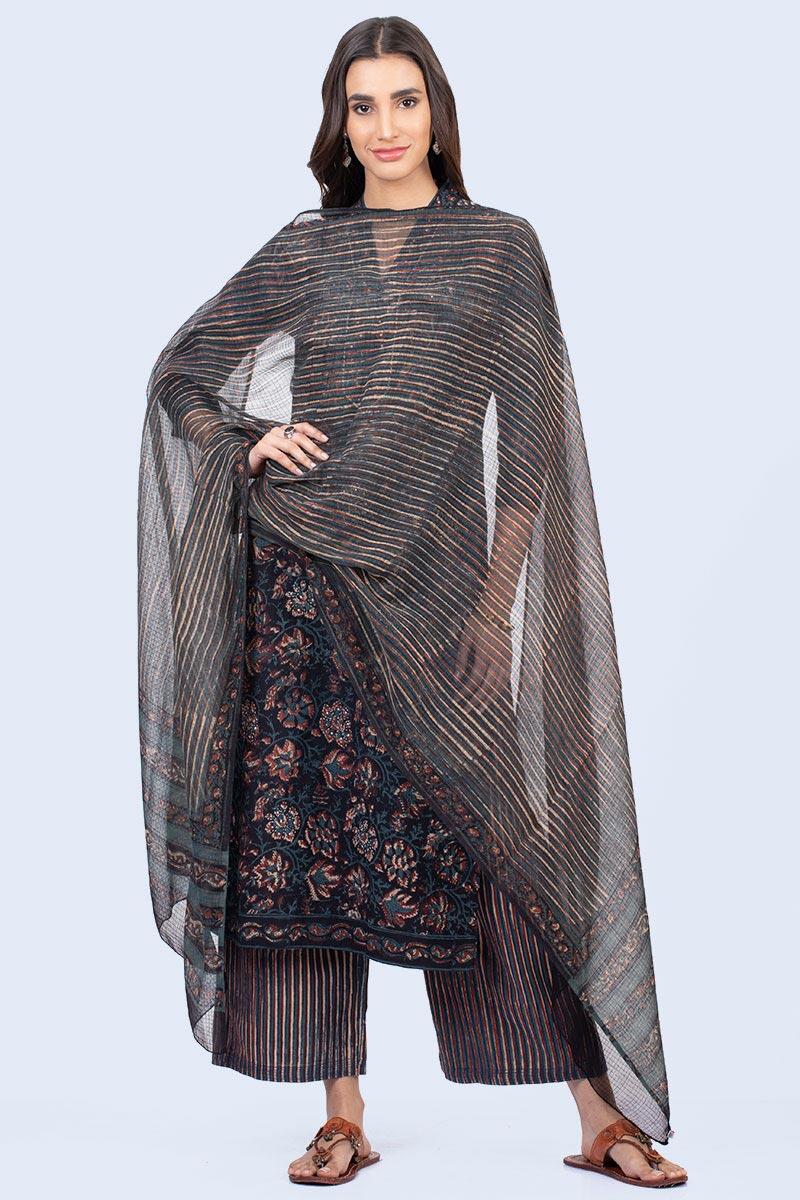 Indigo Block Printed Cotton Silk Blend Dupatta