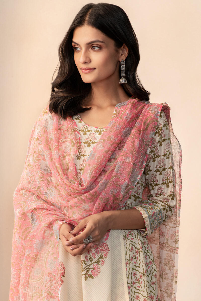 Pink Hand Block Printed Kota Dupatta