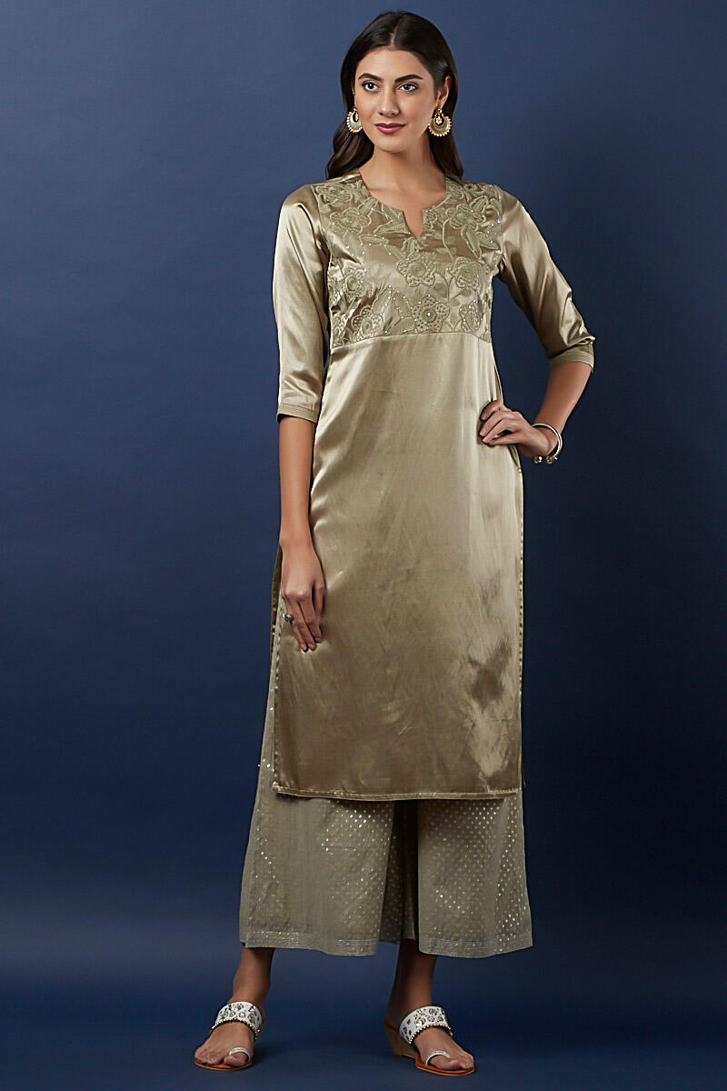 Green Handcrafted Straight Cotton Silk Blend Kurta