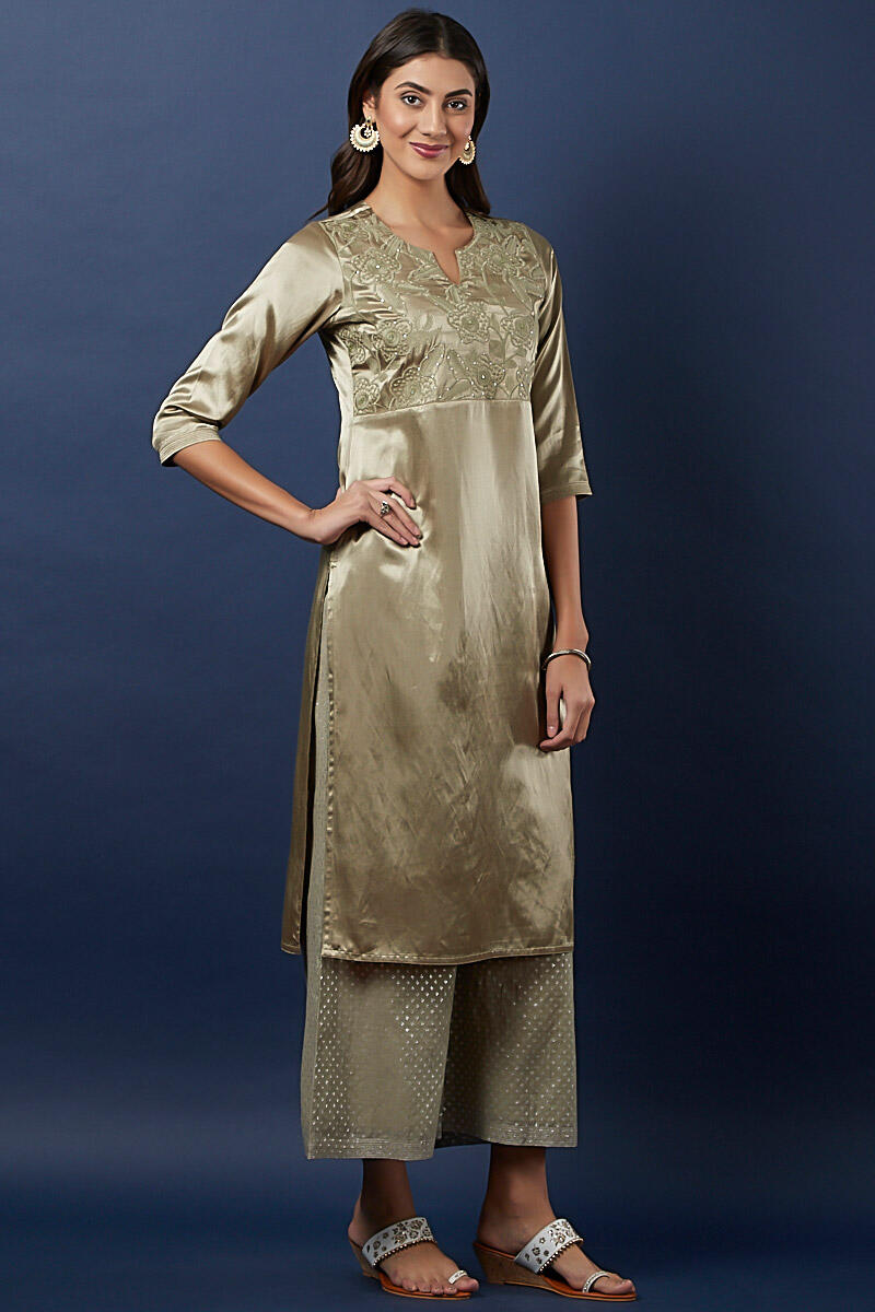 Green Handcrafted Straight Cotton Silk Blend Kurta