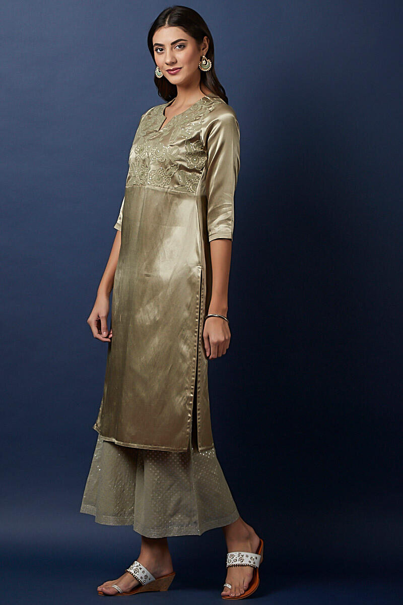 Green Handcrafted Straight Cotton Silk Blend Kurta