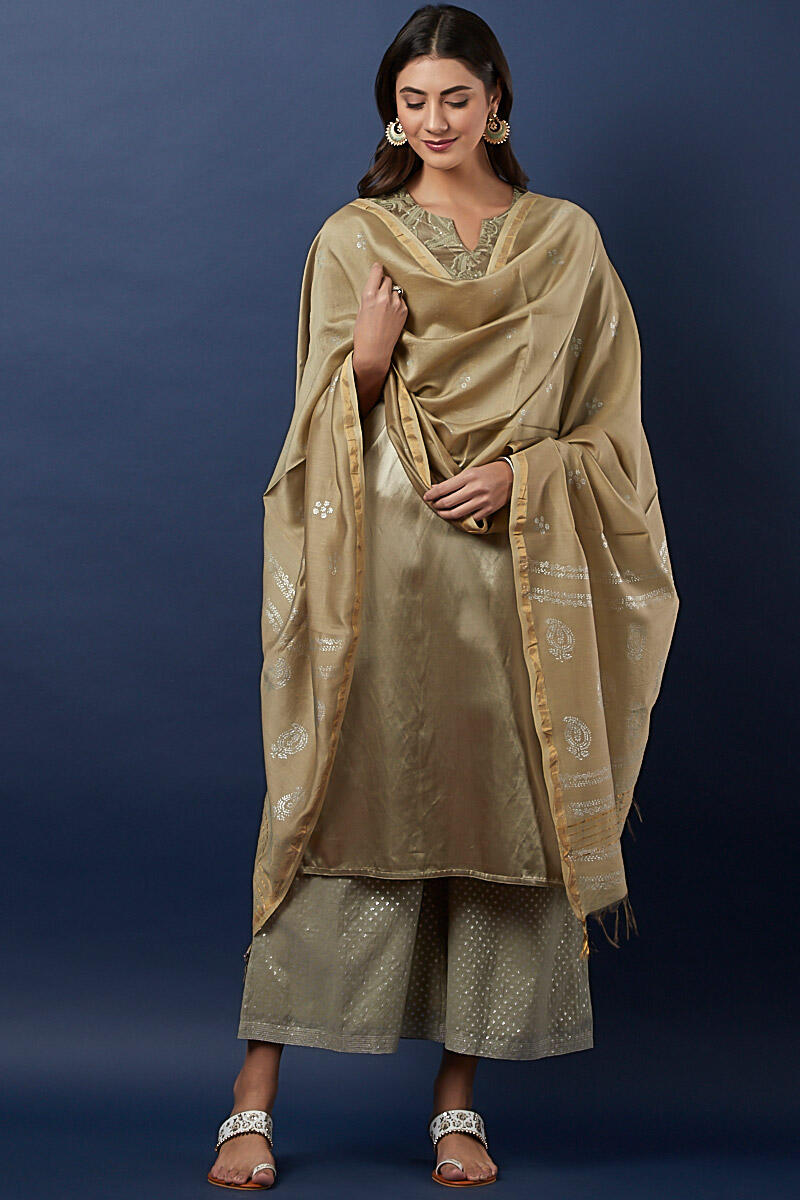 Green Handcrafted Straight Cotton Silk Blend Kurta