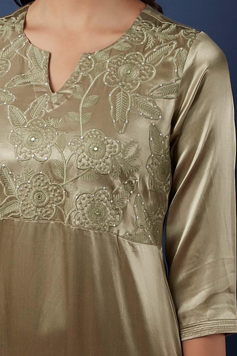 Green Handcrafted Straight Cotton Silk Blend Kurta