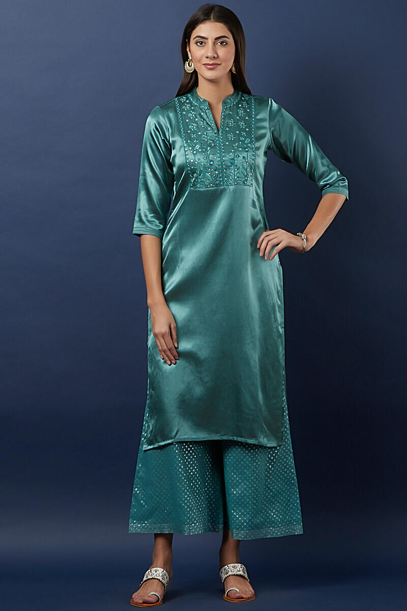 Blue Handcrafted Straight Cotton Silk Blend Kurta