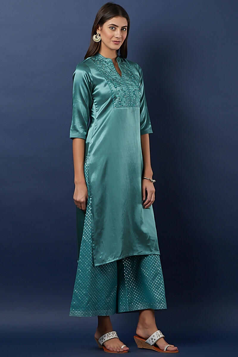 Blue Handcrafted Straight Cotton Silk Blend Kurta