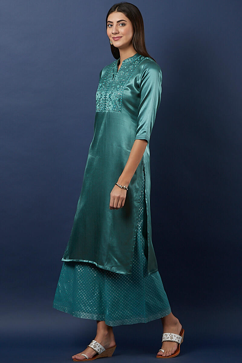 Blue Handcrafted Straight Cotton Silk Blend Kurta