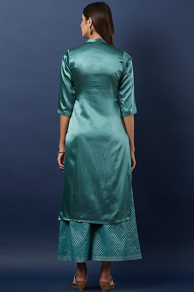 Blue Handcrafted Straight Cotton Silk Blend Kurta