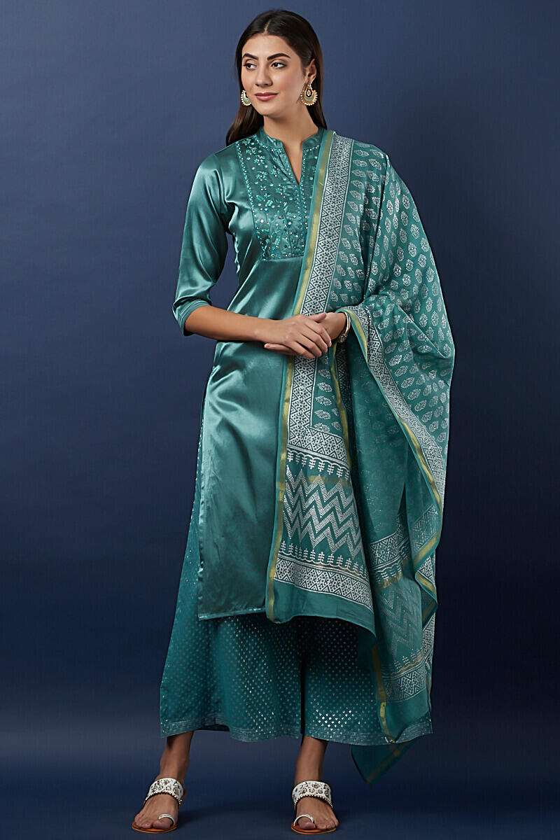 Blue Handcrafted Straight Cotton Silk Blend Kurta