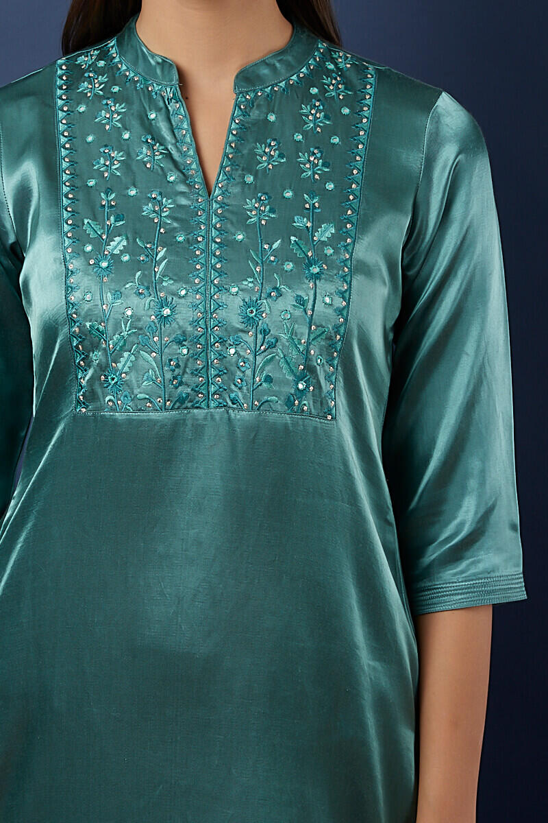 Blue Handcrafted Straight Cotton Silk Blend Kurta