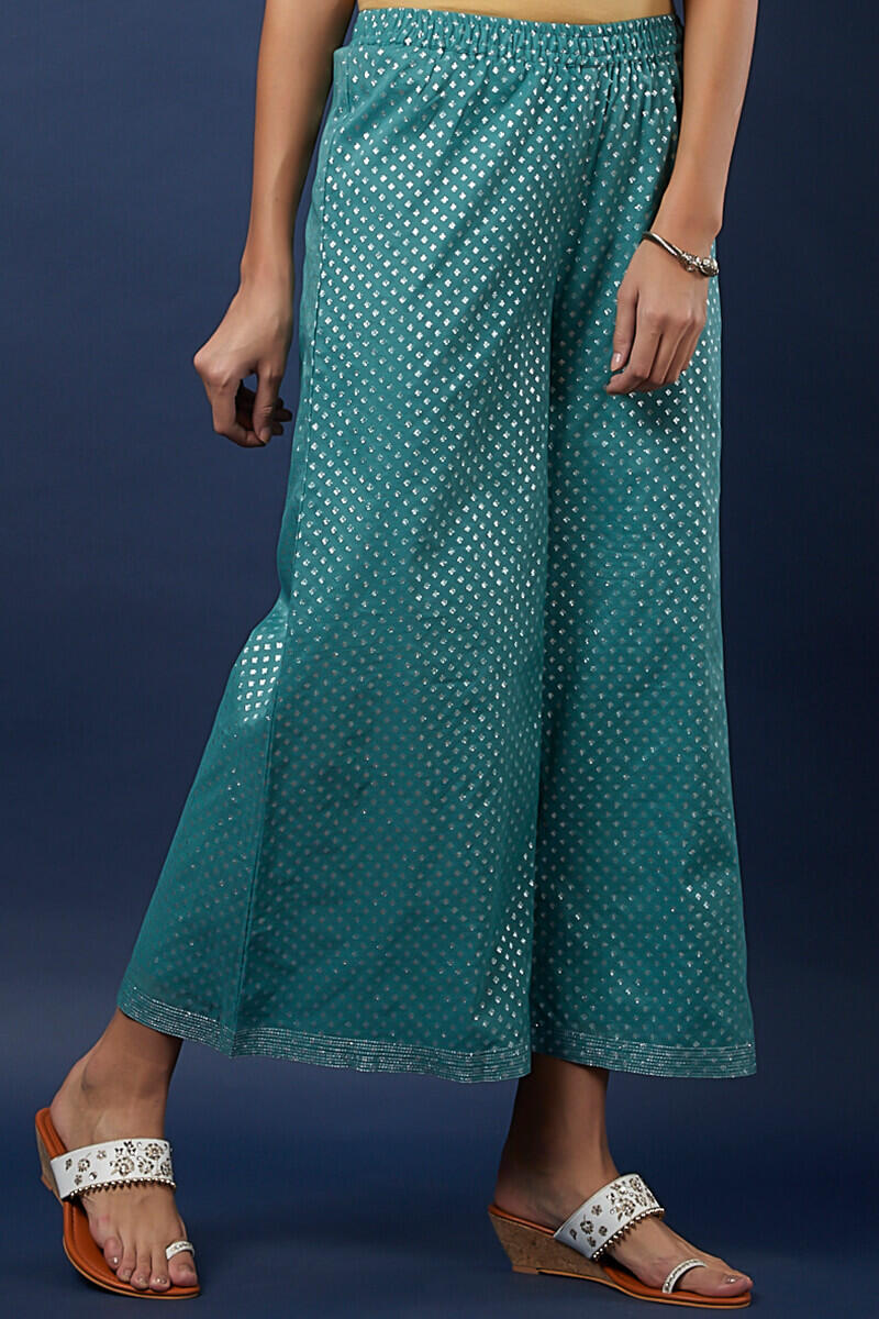 Green Block Printed Chanderi Palazzo