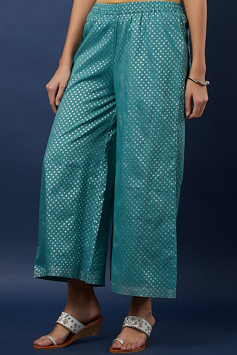 Green Block Printed Chanderi Palazzo