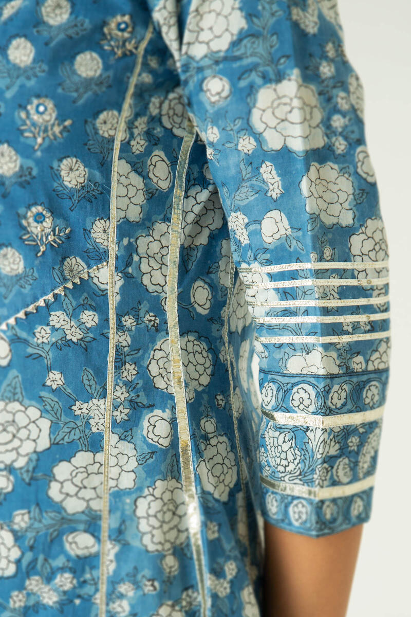 Indigo Block Printed A-Line Cotton Kurta