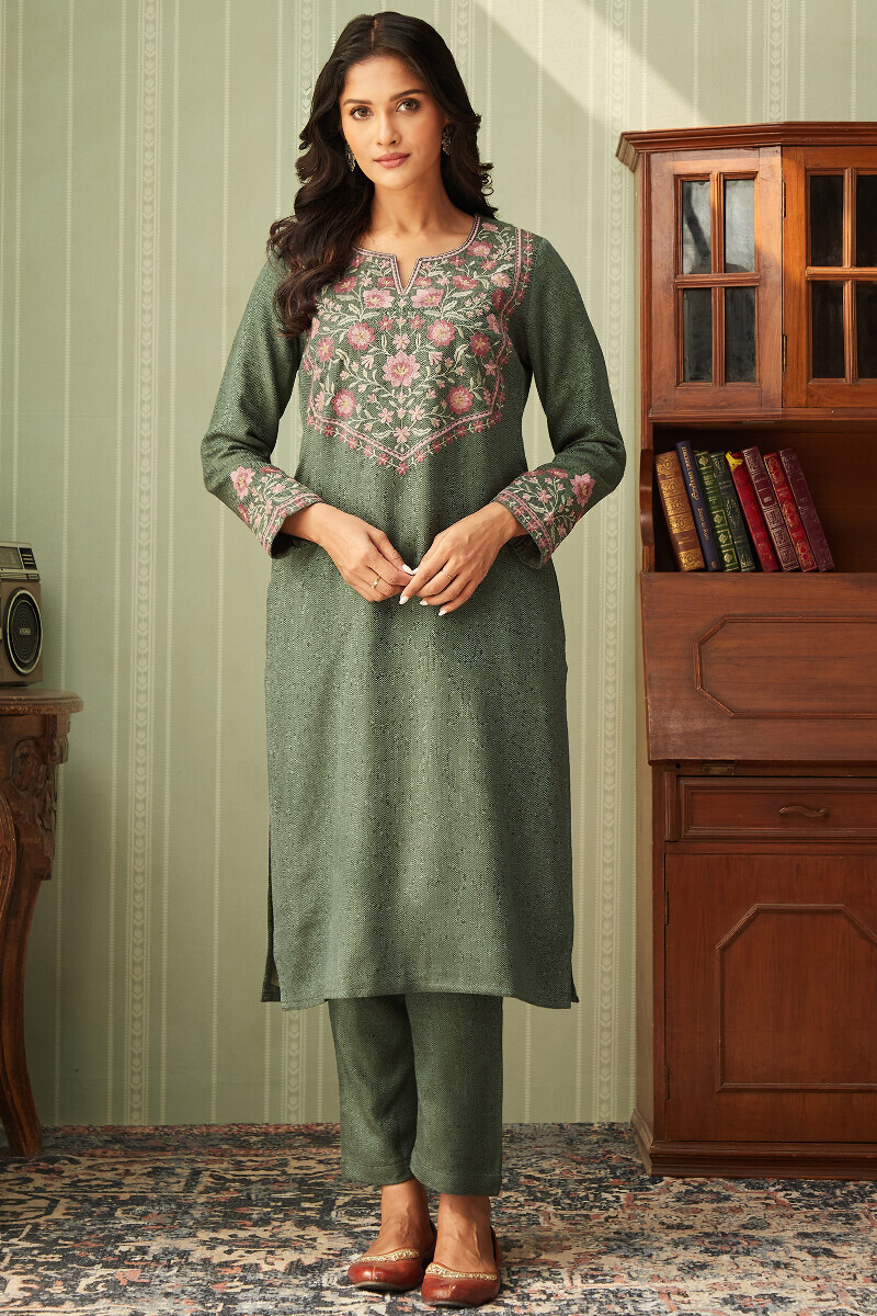 Green Handcrafted Straight Faux Wool Kurta