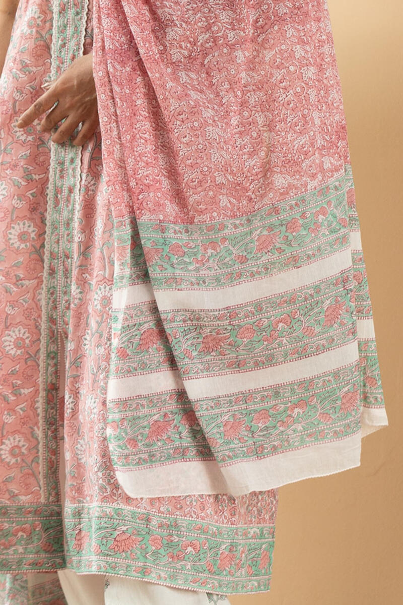 Pink Block Printed Cotton Dupatta