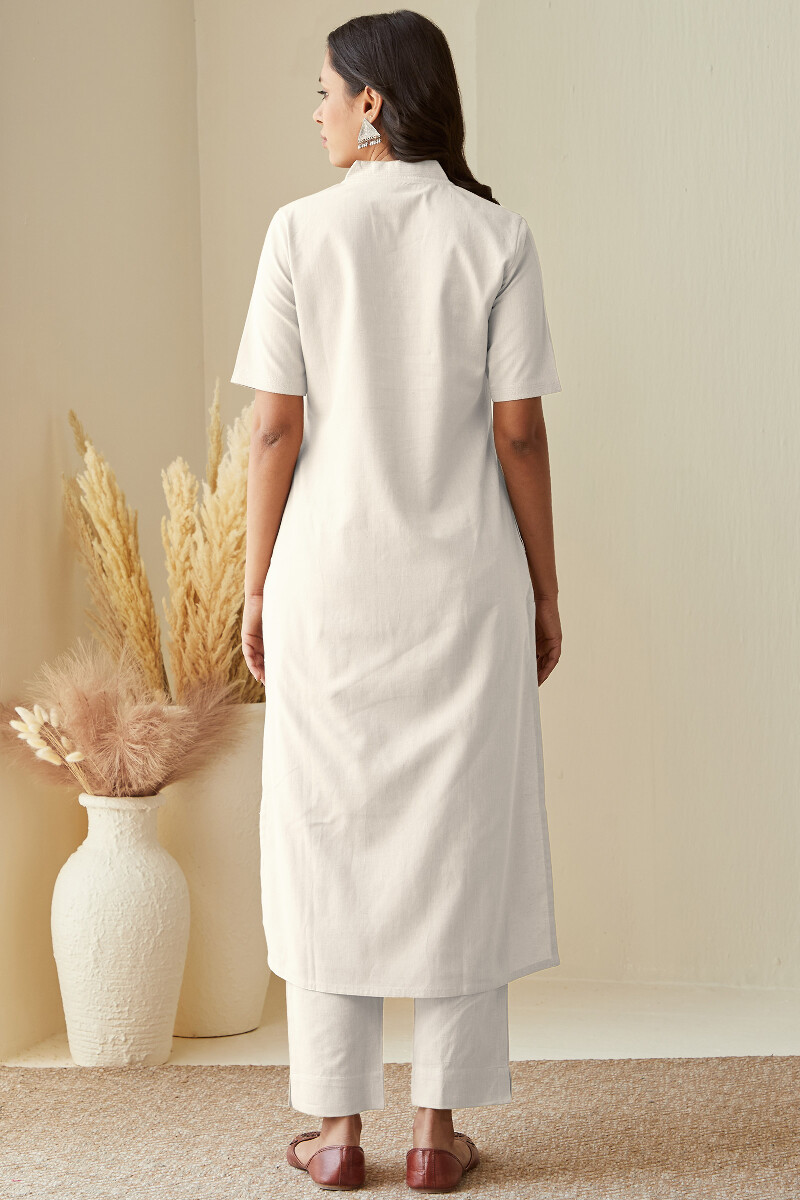 White Handcrafted Straight Cotton Linen Kurta