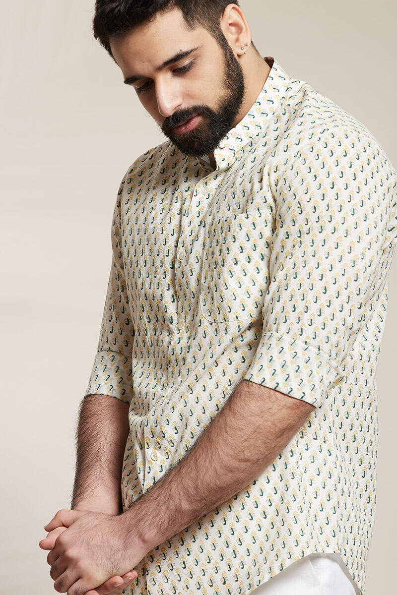 White Block Printed Cotton Shirt
