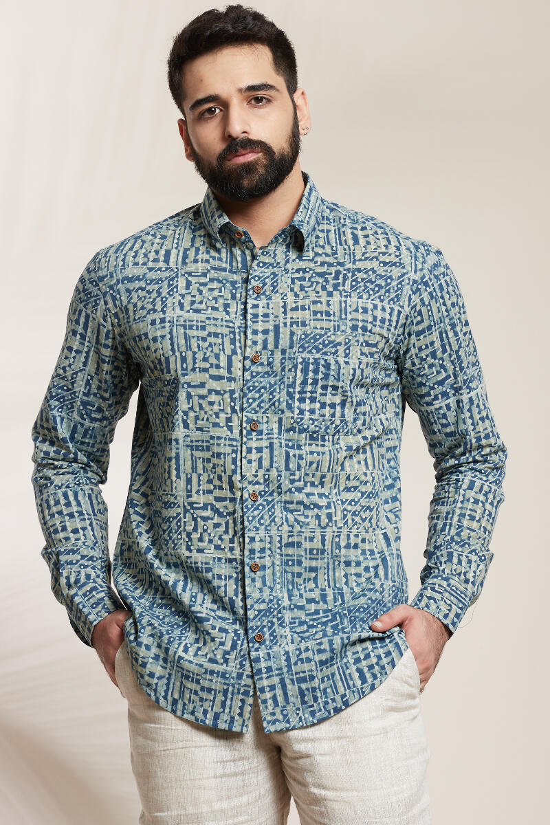 Green Block Printed Cotton Shirt