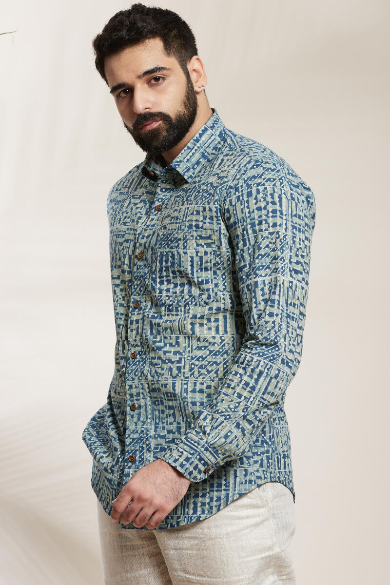 Green Block Printed Cotton Shirt