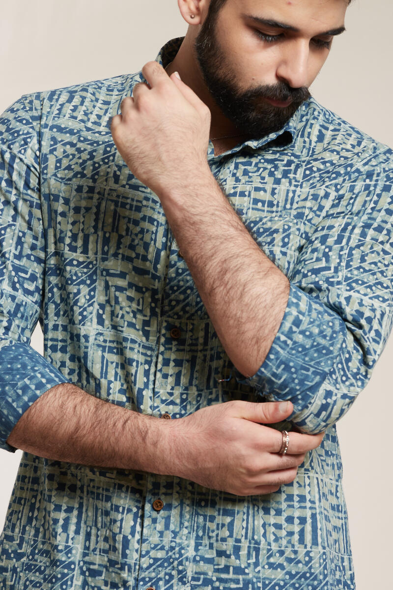 Green Block Printed Cotton Shirt