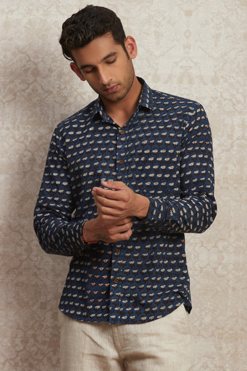 Indigo Block Printed Cotton Shirt