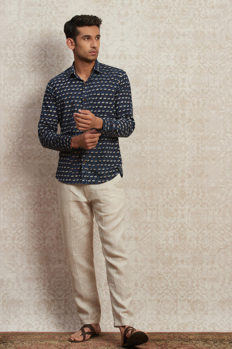 Indigo Block Printed Cotton Shirt
