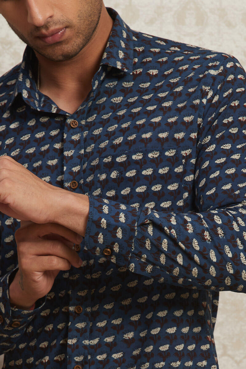 Indigo Block Printed Cotton Shirt