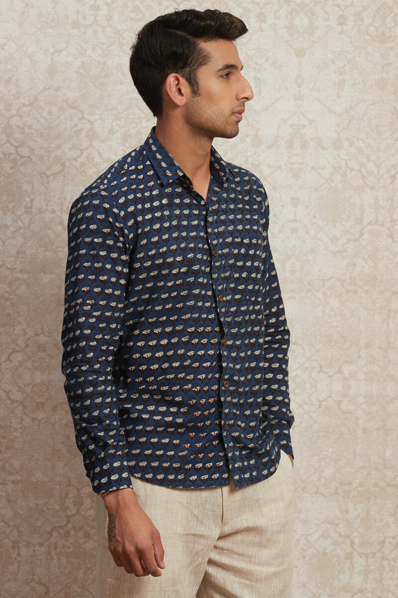 Indigo Block Printed Cotton Shirt