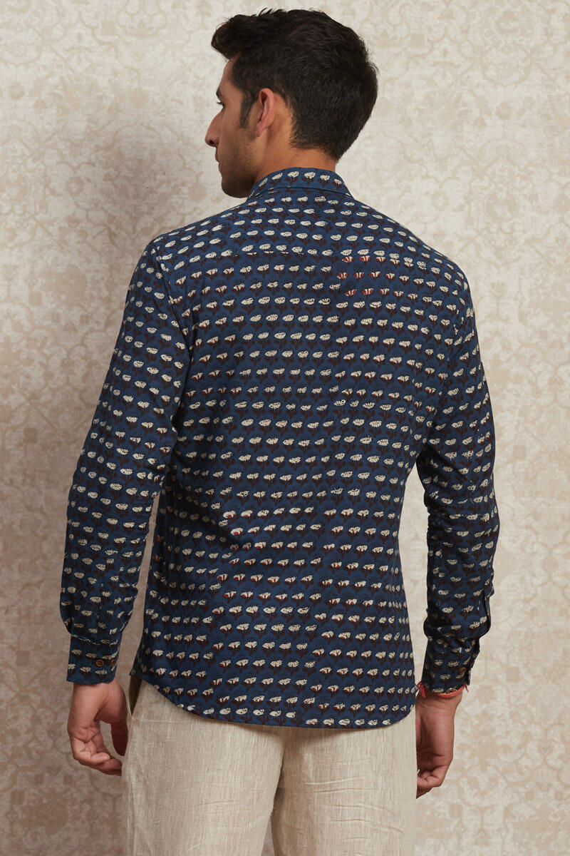 Indigo Block Printed Cotton Shirt