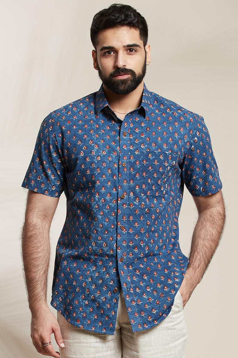 Indigo Block Printed Cotton Shirt