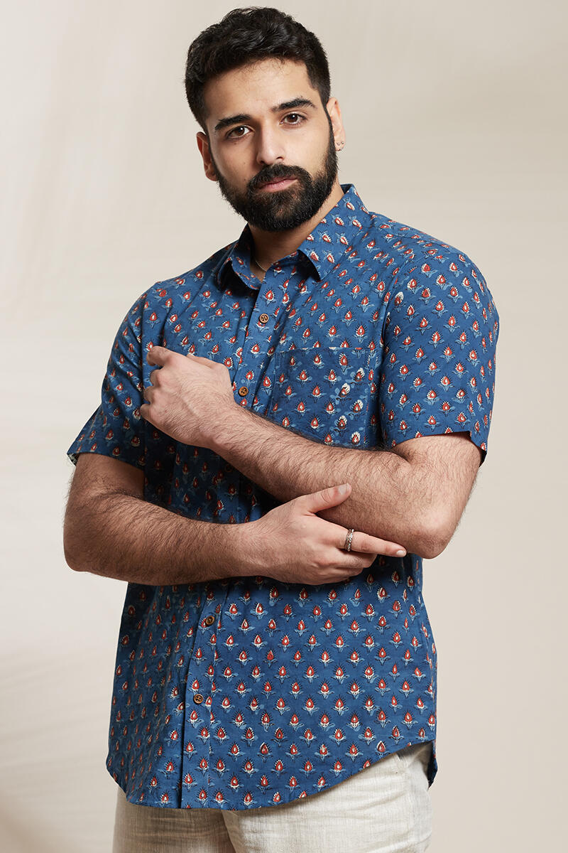 Indigo Block Printed Cotton Shirt