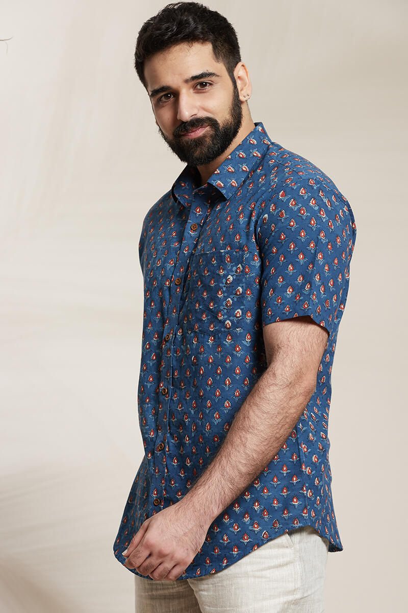 Indigo Block Printed Cotton Shirt