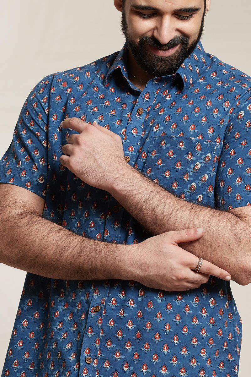 Indigo Block Printed Cotton Shirt
